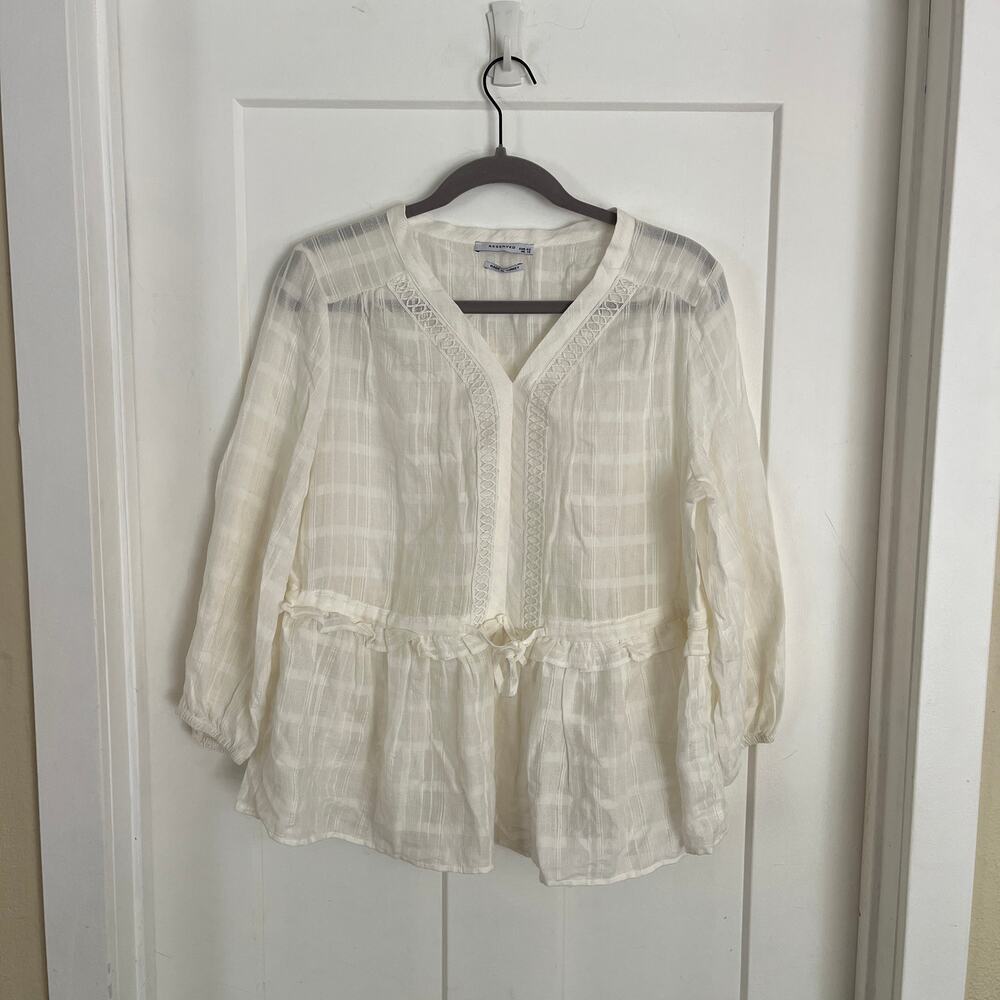 Reserved Sheer Gauze Blouse Top Women's M Cream Peplum Cinch Waist
